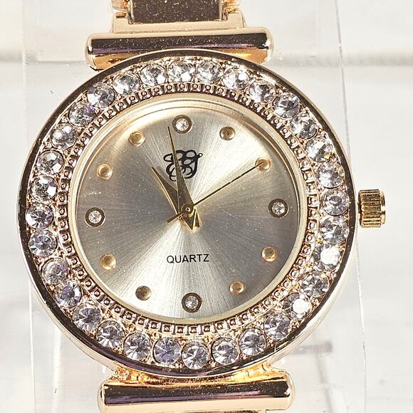 Women's Gold Tone Quartz Watch 34mm Crystal Bezel Silver Dial Bracelet Style - Picture 6 of 14